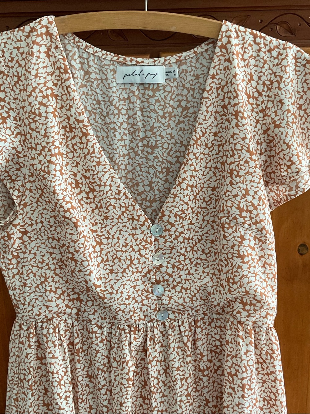 PETAL AND PUP Brown & White Floral Tiered Fully Lined Short Dress Women’s 6 NWOT - Picture 2 of 3